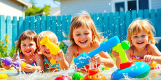 Kids playing with colorful water toys in bright sunlight.