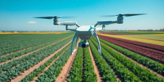 Drone flying over green crops in a sunny field.