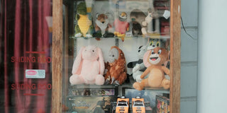 a display case filled with lots of stuffed animals