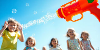 Children playing with a colorful bubble gun outdoors.