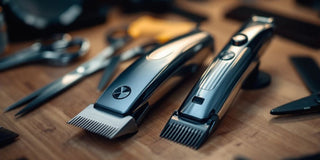 Professional barber shop clippers on a wooden countertop.