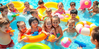 Children playing with water toys in a sunny pool.