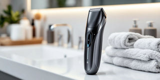 Modern head shaver on a bathroom countertop.