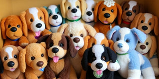 Colorful plush Douglas dogs arranged in a cozy setting.