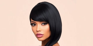 Woman with a stylish black wig, elegant and glamorous.