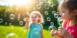 Children blowing bubbles with colorful bubble wands outdoors.