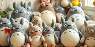 Colorful Totoro plush toys in a cheerful display.