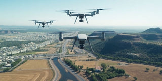 Diverse UAVs flying over urban and rural landscapes.