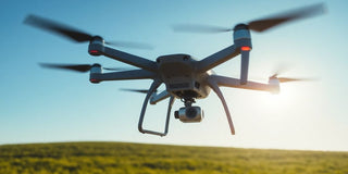 Drone in flight over green landscape with clear sky.