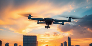 Drone flying over a city skyline during sunset.