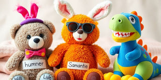 Playful stuffed animals with funny names in vibrant colors.