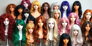 Various colorful hair wigs on display for all occasions.