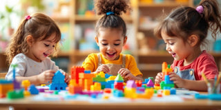 Children playing with educational toys in a colorful setting.