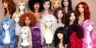 Colorful wigs in various styles and textures on display.