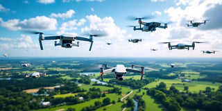 Aerial view of diverse drones flying over a landscape.