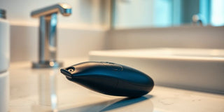 Modern nose hair trimmer on a bathroom countertop.