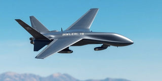 Sleek military drone flying against a blue sky.