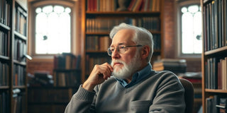 Professor in library, surrounded by books and reflections.