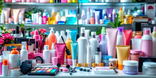 Colorful beauty products in a well-lit warehouse setting.