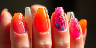 Close-up of vibrant gel manicured nails with designs.