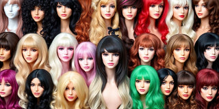 Various wigs in different styles and colors displayed together.