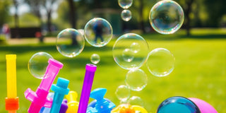 Colorful bubble wands and soap bubbles in a park.