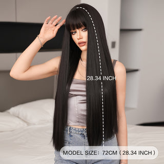  7JHH WIGS Elegant Long Black Straight Wig with Bangs cashymart