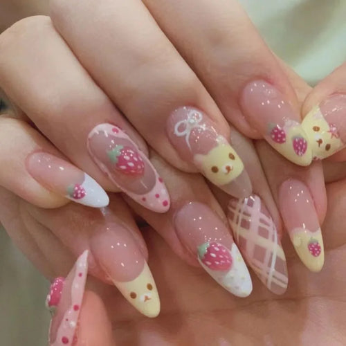  10 Pcs Almond Press On Nails Pink Strawberry Bear Design cashymart