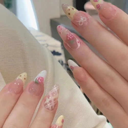  10 Pcs Almond Press On Nails Pink Strawberry Bear Design cashymart