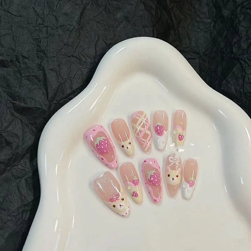  10 Pcs Almond Press On Nails Pink Strawberry Bear Design cashymart