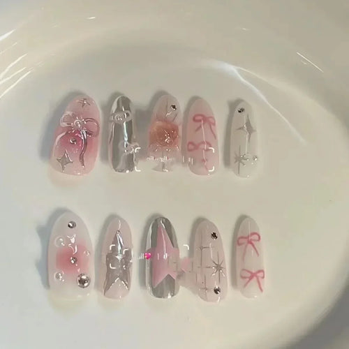  10 Pcs Gradient Shiny Handmade Press On Nails Almond Design cashymart
