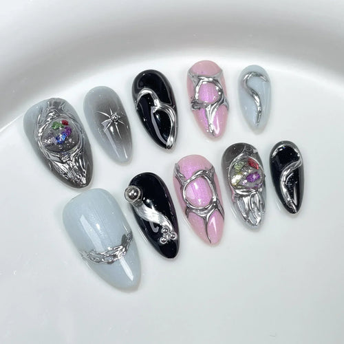 10 Pcs Gradient Shiny Handmade Press On Nails Almond Design cashymart