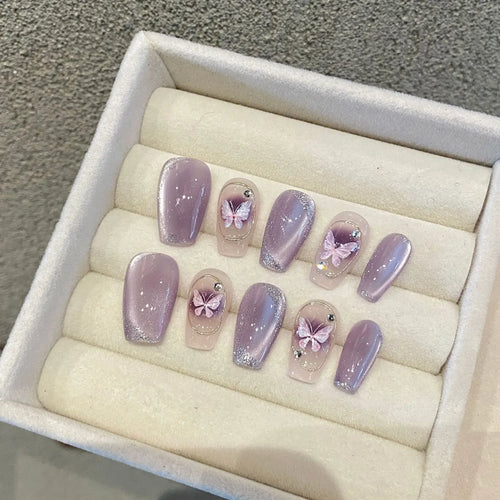  10 Pcs Pink Handmade Cat Eye Press On Nails cashymart