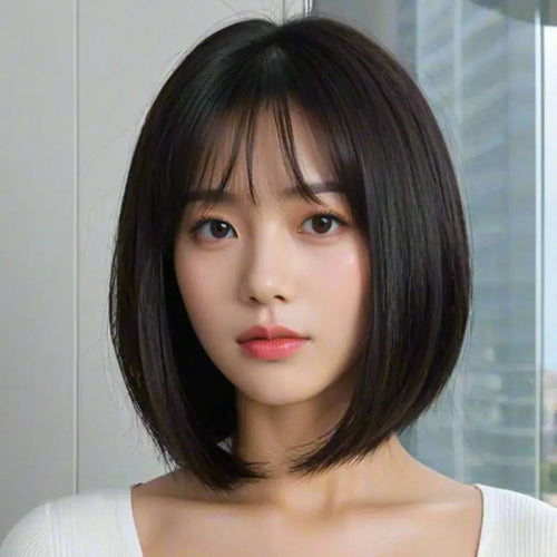  12 Inch Fluffy Straight Bob Wig with Bangs cashymart