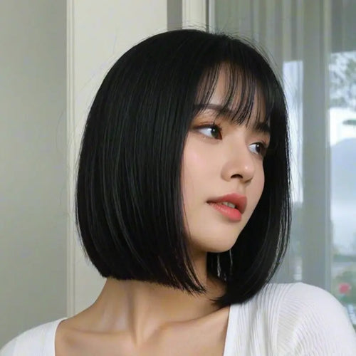  12 Inch Fluffy Straight Bob Wig with Bangs cashymart