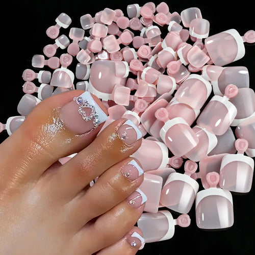  120Pcs French Fake Toenails Short Square Glossy Summer Set cashymart