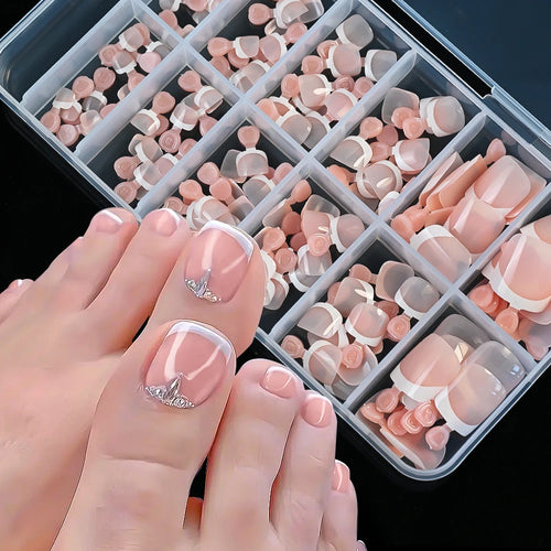  120Pcs French Fake Toenails Short Square Glossy Summer Set cashymart