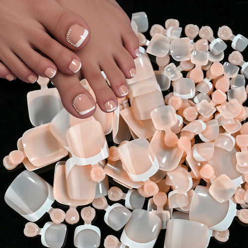  120Pcs French Fake Toenails Short Square Glossy Summer Set cashymart