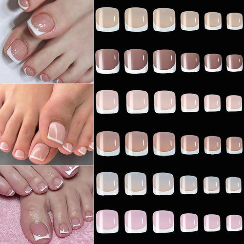  120Pcs French Fake Toenails Short Square Glossy Summer Set cashymart