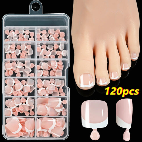  120Pcs French Fake Toenails Short Square Glossy Summer Set cashymart