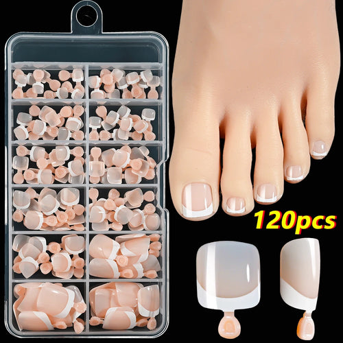  120Pcs French Fake Toenails Short Square Glossy Summer Set cashymart