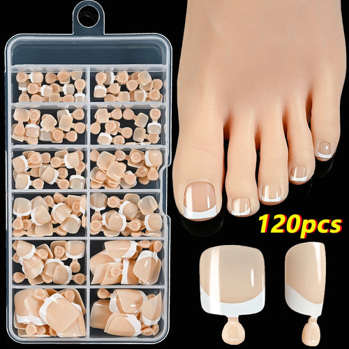  120Pcs French Fake Toenails Short Square Glossy Summer Set cashymart