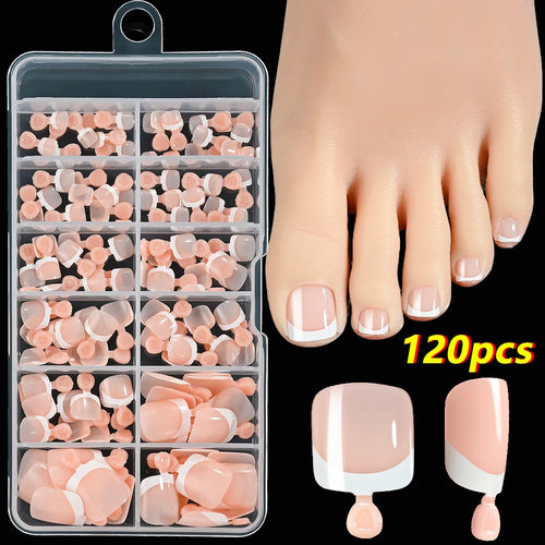  120Pcs French Fake Toenails Short Square Glossy Summer Set cashymart