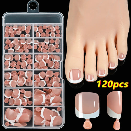  120Pcs French Fake Toenails Short Square Glossy Summer Set cashymart