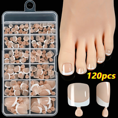  120Pcs French Fake Toenails Short Square Glossy Summer Set cashymart