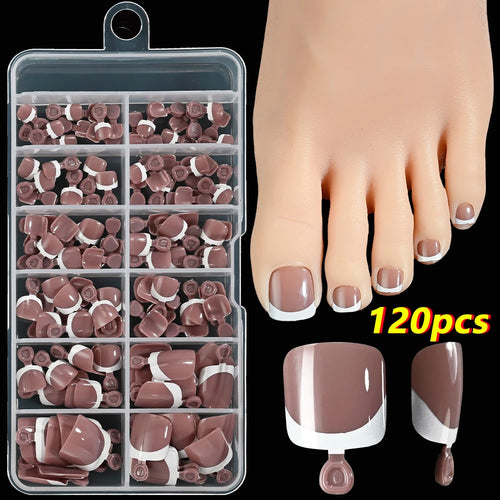  120Pcs French Fake Toenails Short Square Glossy Summer Set cashymart