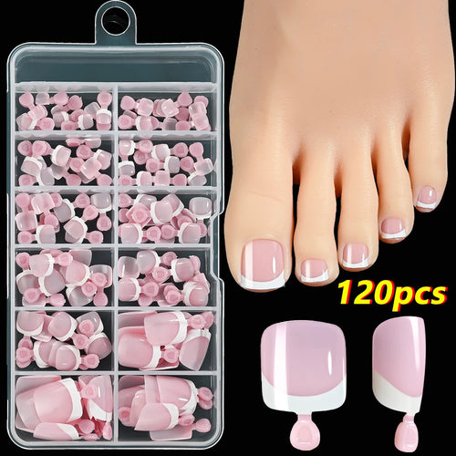  120Pcs French Fake Toenails Short Square Glossy Summer Set cashymart