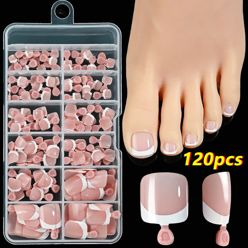  120Pcs French Fake Toenails Short Square Glossy Summer Set cashymart