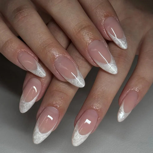  24 Pcs Long French Almond Press On Nails cashymart