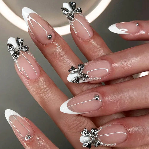  24 Pcs Long French Almond Press On Nails cashymart